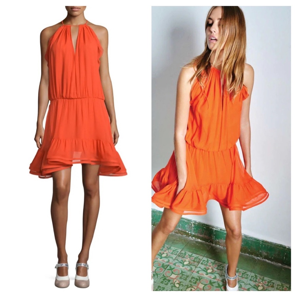 Alexis /  Monic Sleeveless red orange Silk Ruffle flounce tassel A-Line Dress S